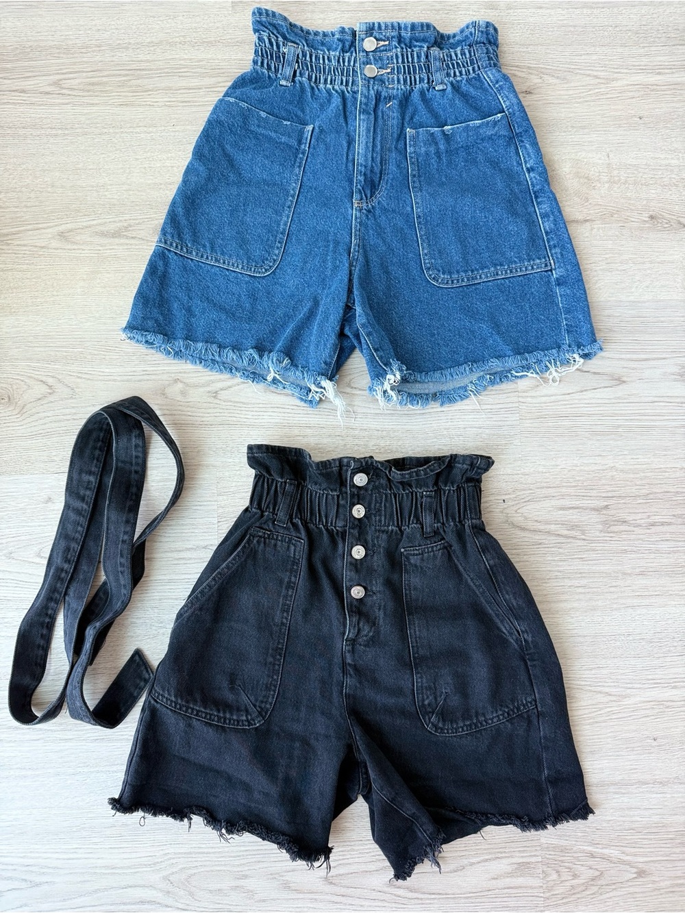 Zara Blue and Black High-Waist Paperbag Denim Shorts Duo